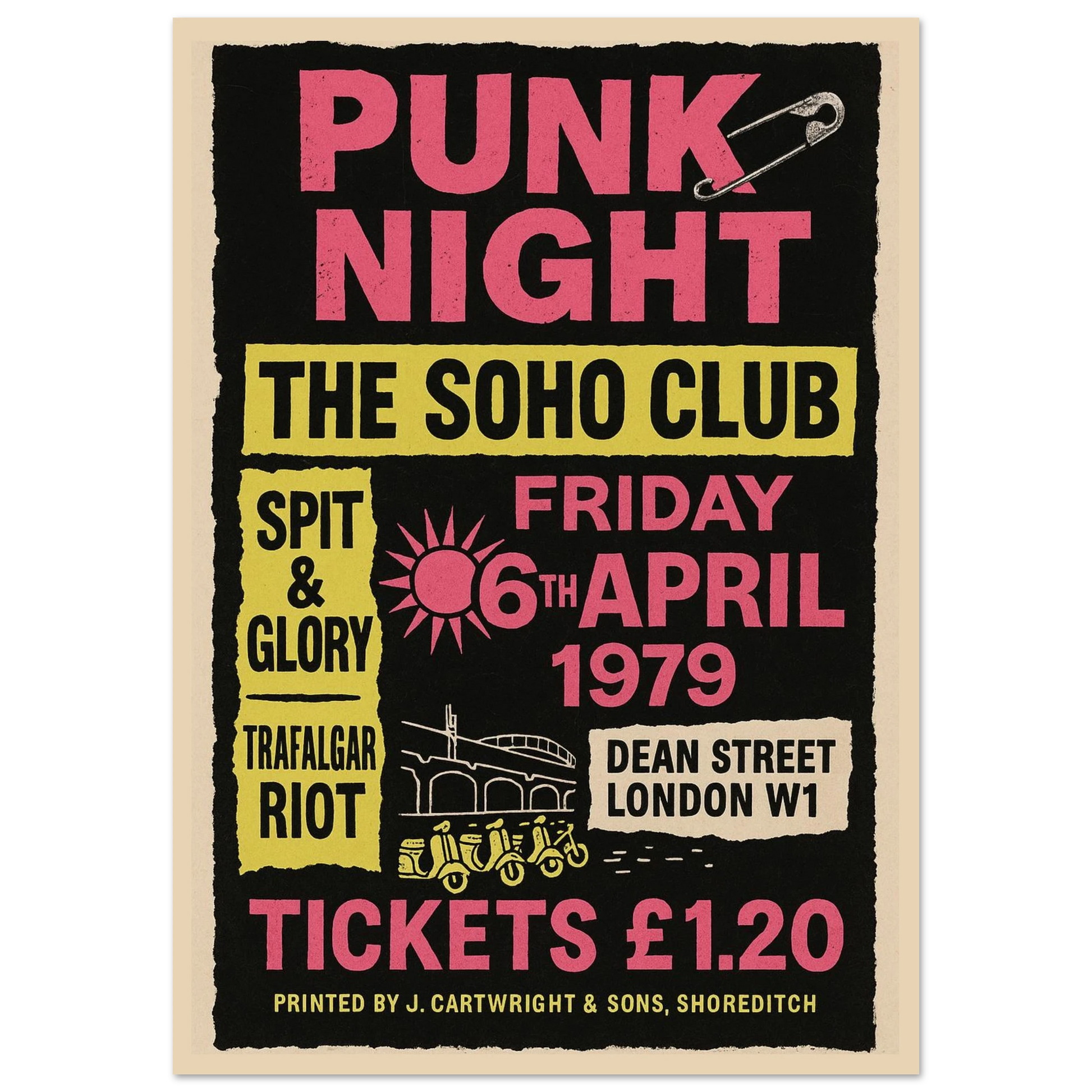 Punk Night 1979 Soho Club vintage poster print – London punk rock wall art with neon text and retro design