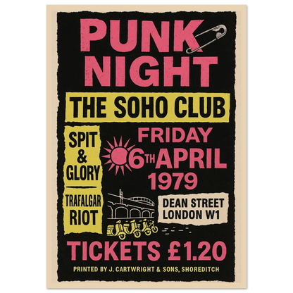 Punk Night 1979 Soho Club vintage poster print – London punk rock wall art with neon text and retro design