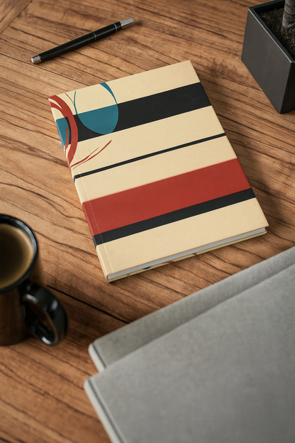 Retro geometric A5 lined journal with abstract stripe design on a wooden desk – 128 pages, 90gsm paper, vinyl-laminated cover notebook for writing and journaling.