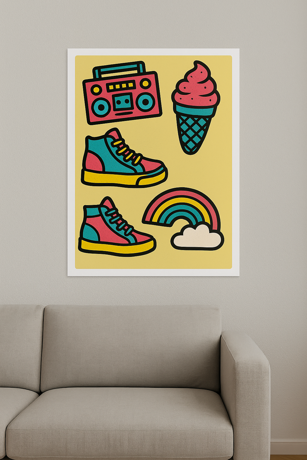 retro pop art poster with boombox, sneakers, ice cream cone and rainbow