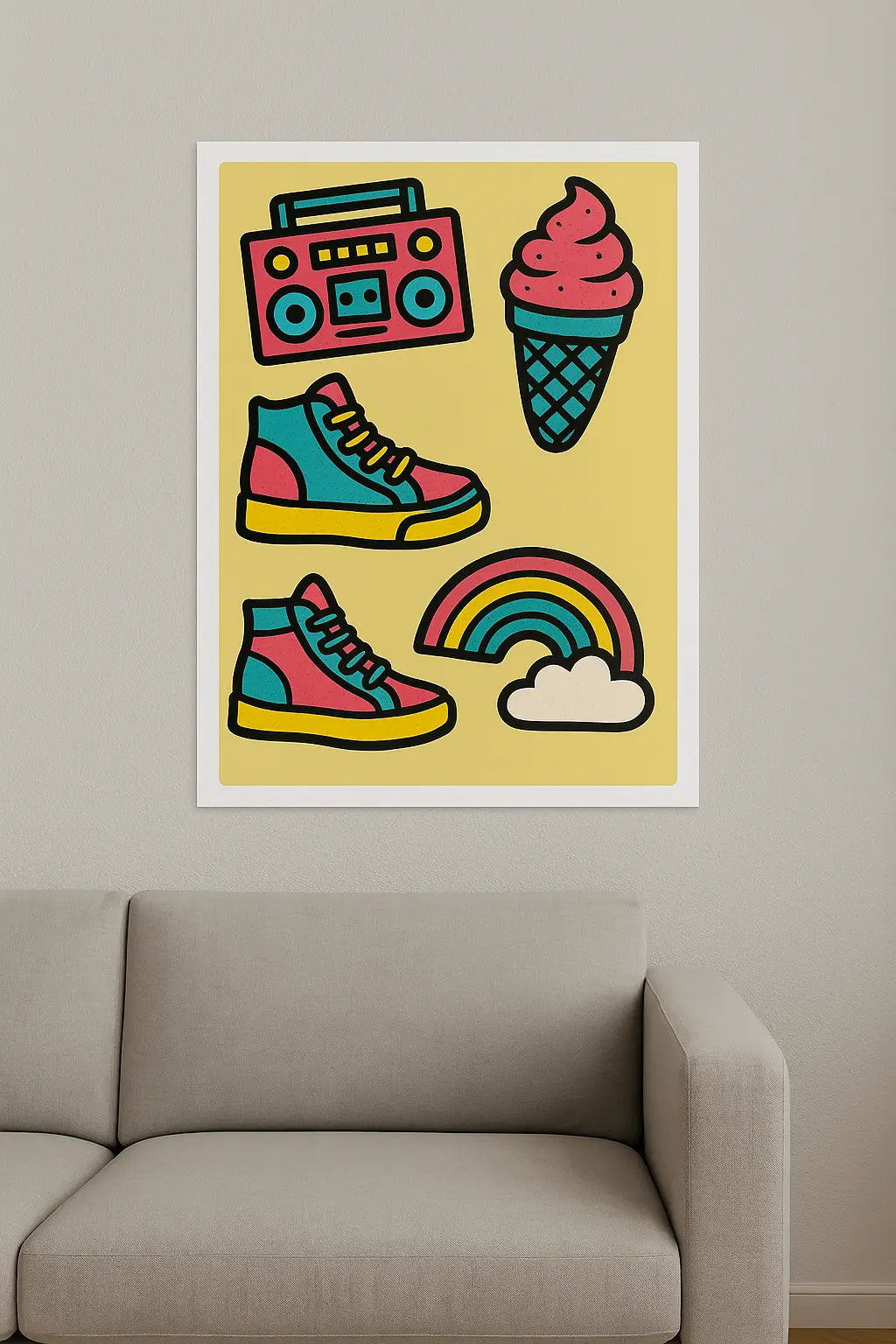 retro pop art poster with boombox, sneakers, ice cream cone and rainbow