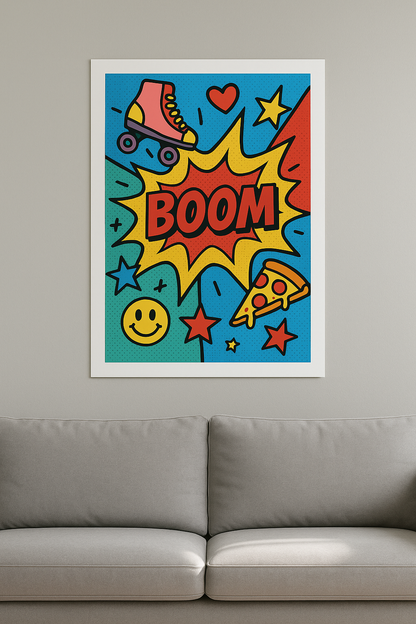 retro pop art poster with roller skate, pizza, smiley and comic explosion