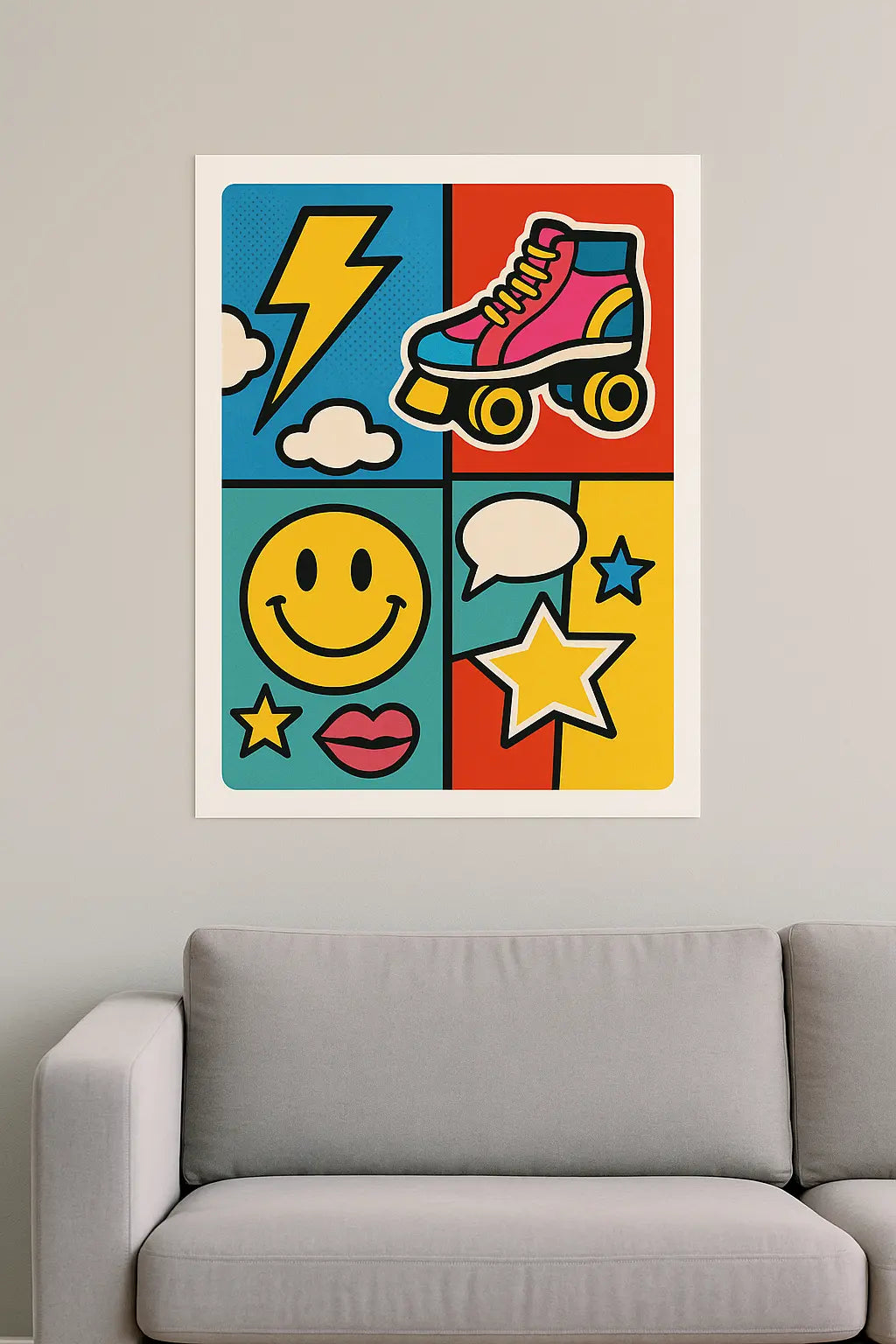 retro pop art poster grid with roller skate, smiley, lightning and stars