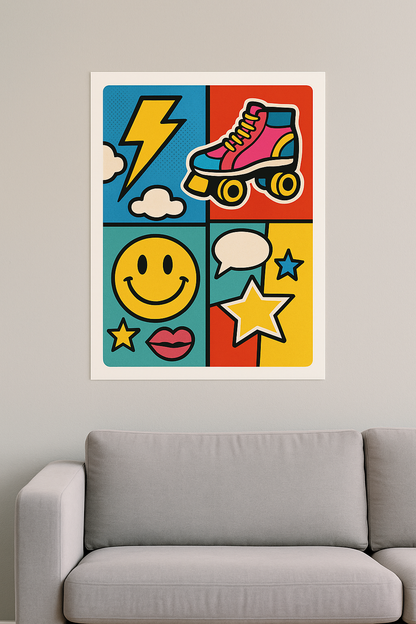 retro pop art poster grid with roller skate, smiley, lightning and stars
