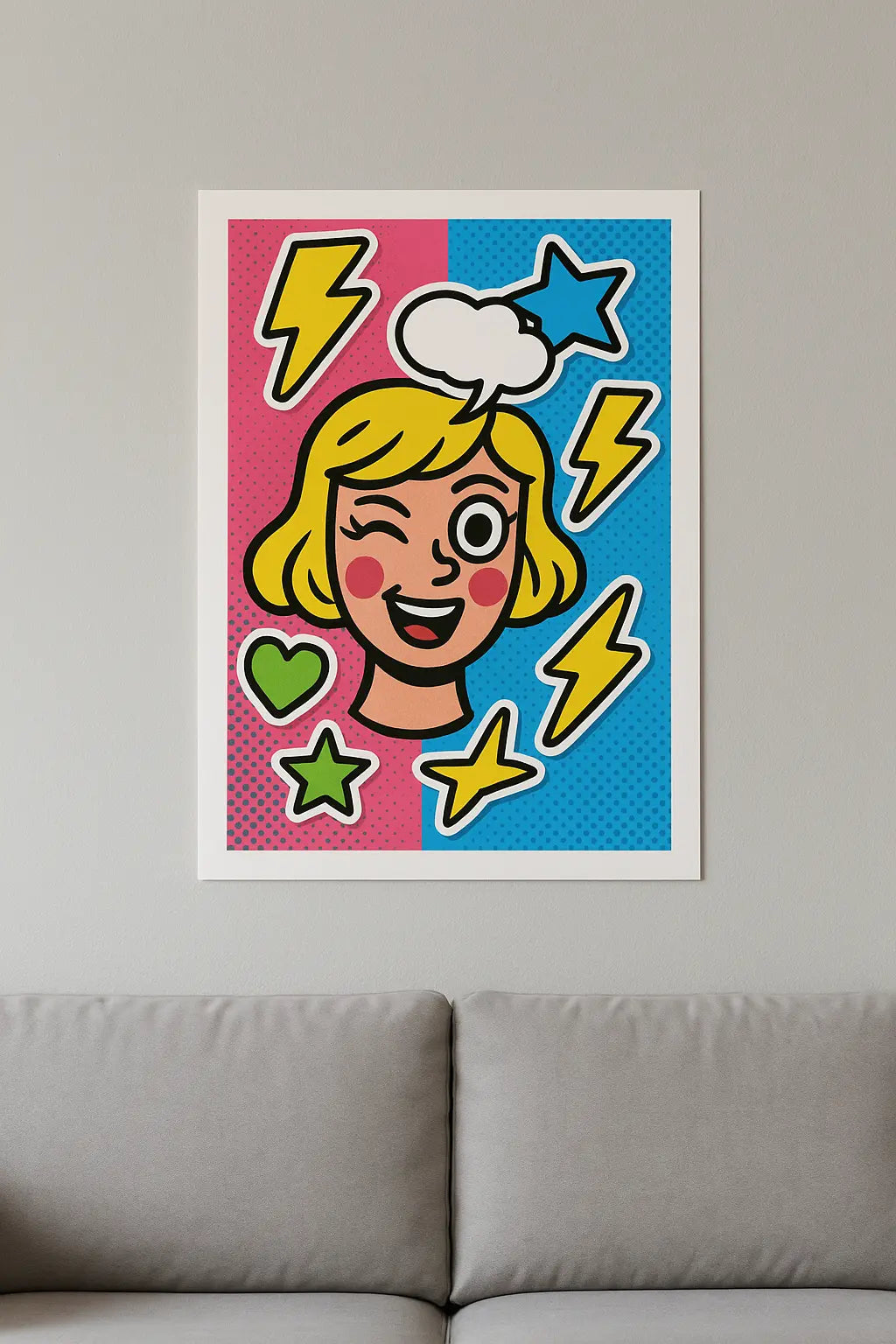 
retro pop art poster with winking girl, lightning bolts, stars and heart