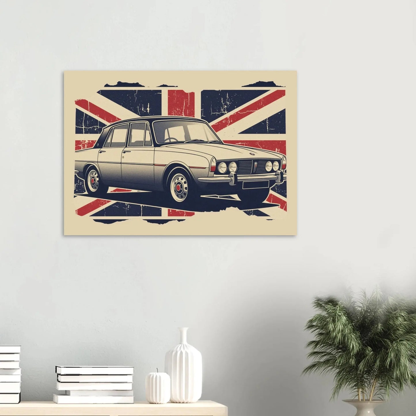 Retro illustrated Rover P6 classic car artwork with a vintage Union Jack background.