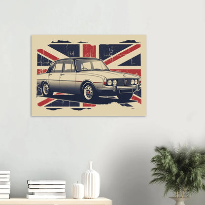 Retro illustrated Rover P6 classic car artwork with a vintage Union Jack background.