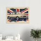 Retro illustrated Rover P6 classic car artwork with a vintage Union Jack background.