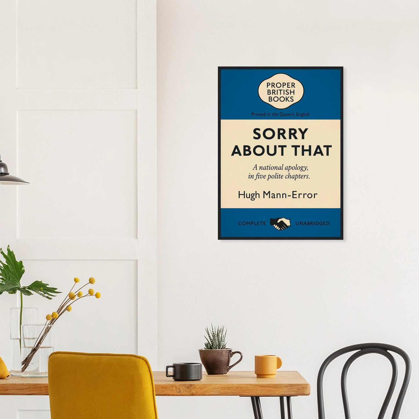 Vintage British parody framed print reading “Sorry About That – A National Apology, in Five Polite Chapters” in a retro book-cover design, by Randello.