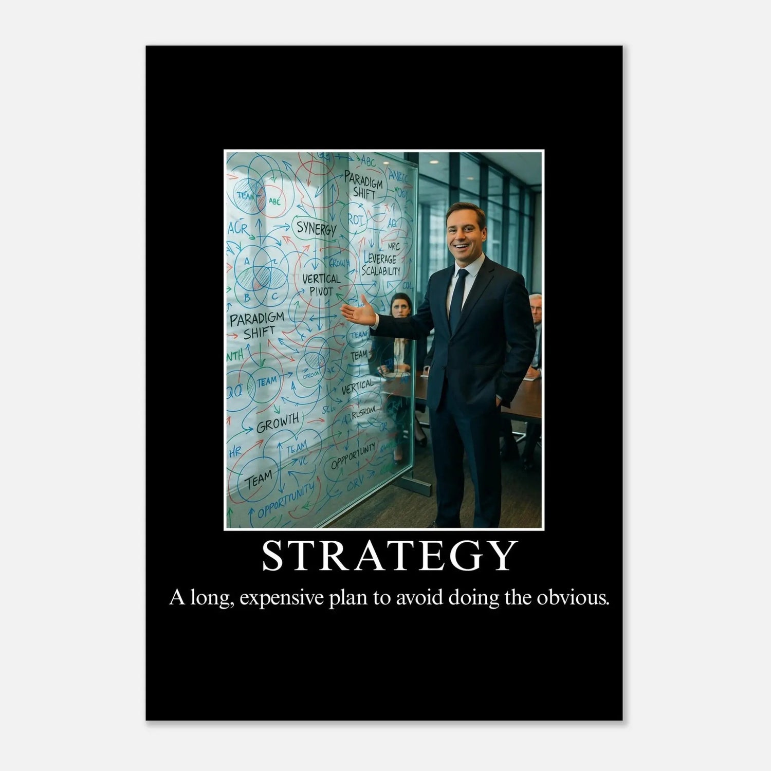 Strategy parody demotivational poster with businessman presenting whiteboard of jargon-filled diagrams, funny corporate wall art matte print.