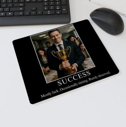 Mouse mat with the text “SUCCESS – Mostly luck. Occasionally timing. Rarely deserved” showing a smiling businessman holding a gold trophy while coworkers work in the background — funny corporate humor desk accessory.