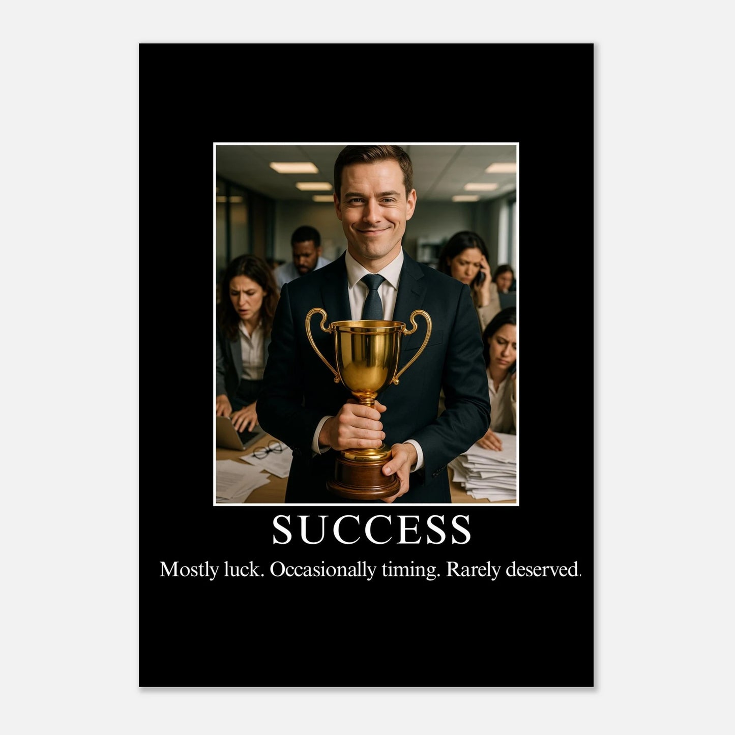 Success parody demotivational poster with businessman holding trophy in busy office, funny wall art matte print.