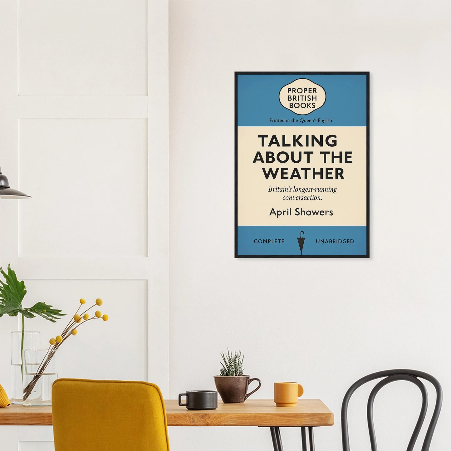 Vintage British parody framed print reading “Talking About the Weather – Britain’s Longest-Running Conversation” in retro book-cover style by Randello.