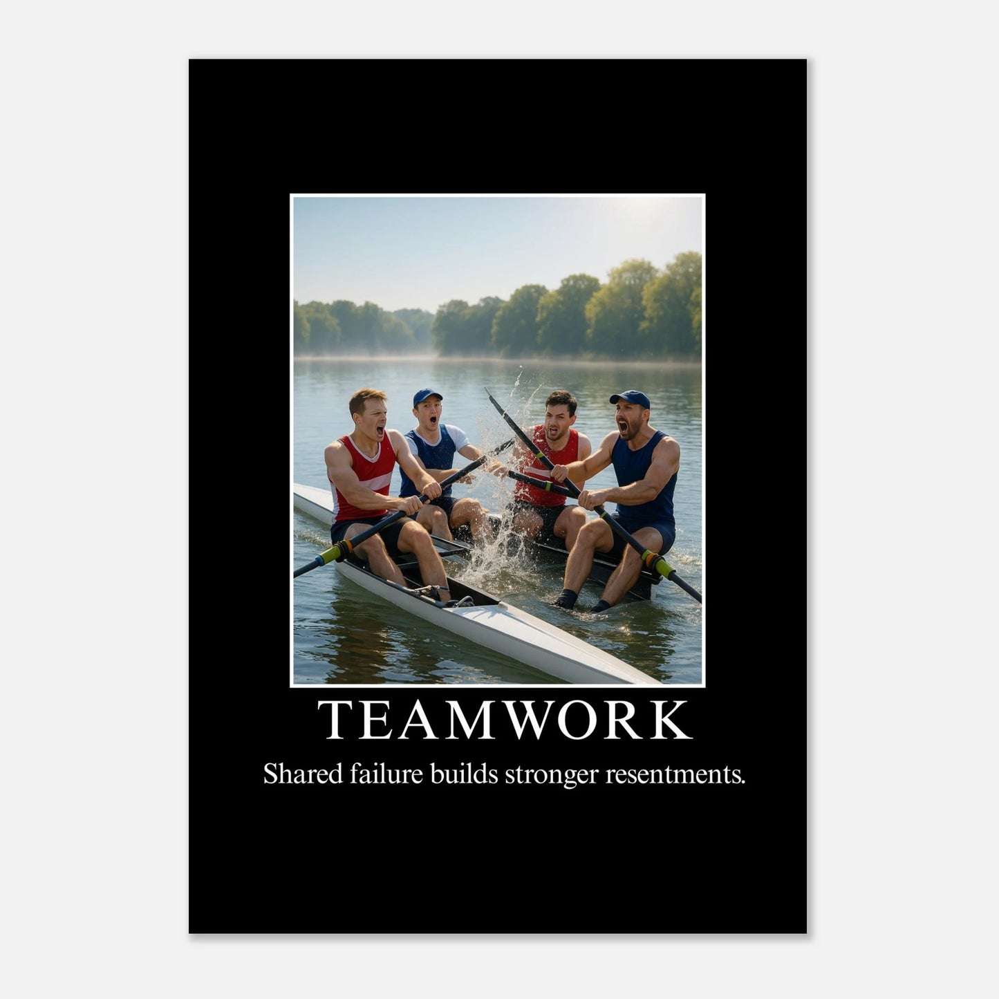 Teamwork parody demotivational poster with rowing team failing on water, funny wall art matte print.