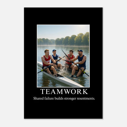 Teamwork parody demotivational poster with rowing team failing on water, funny wall art matte print.