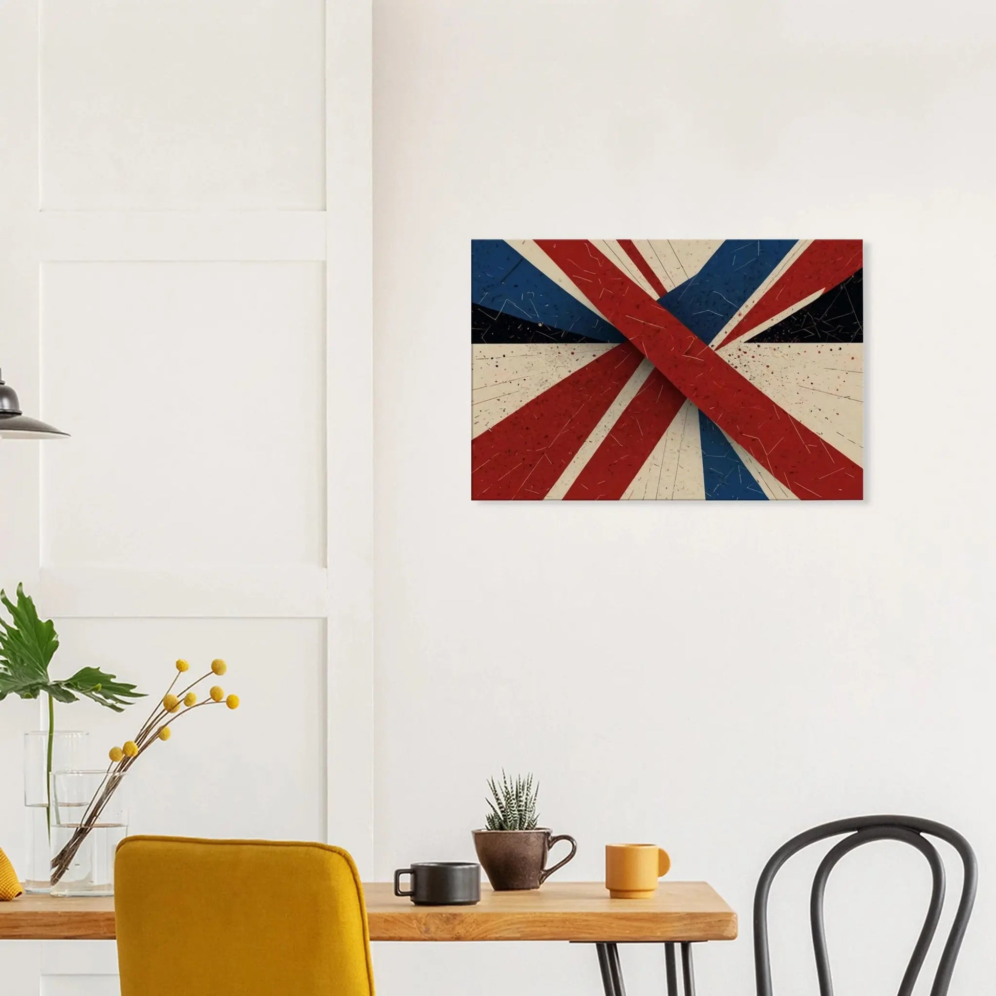 Union Jack inspired abstract canvas with red and blue textured beams and paint splatter