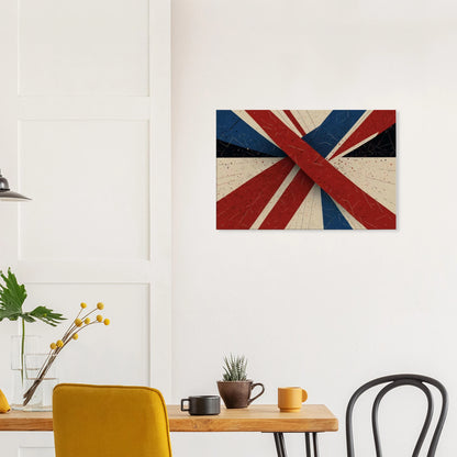 Union Jack inspired abstract canvas with red and blue textured beams and paint splatter