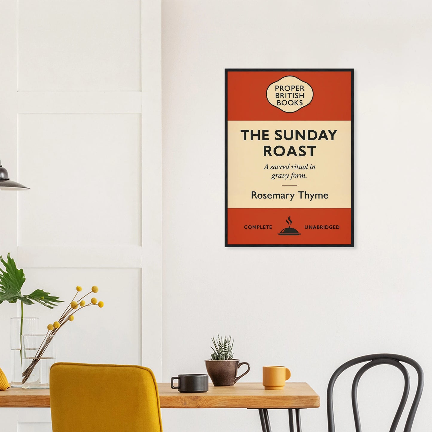 Vintage British parody framed print reading “The Sunday Roast – A Sacred Ritual in Gravy Form” in a retro book-cover design by Randello.