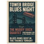 Vintage Tower Bridge Blues Night poster print – London music wall art with harmonica and retro design