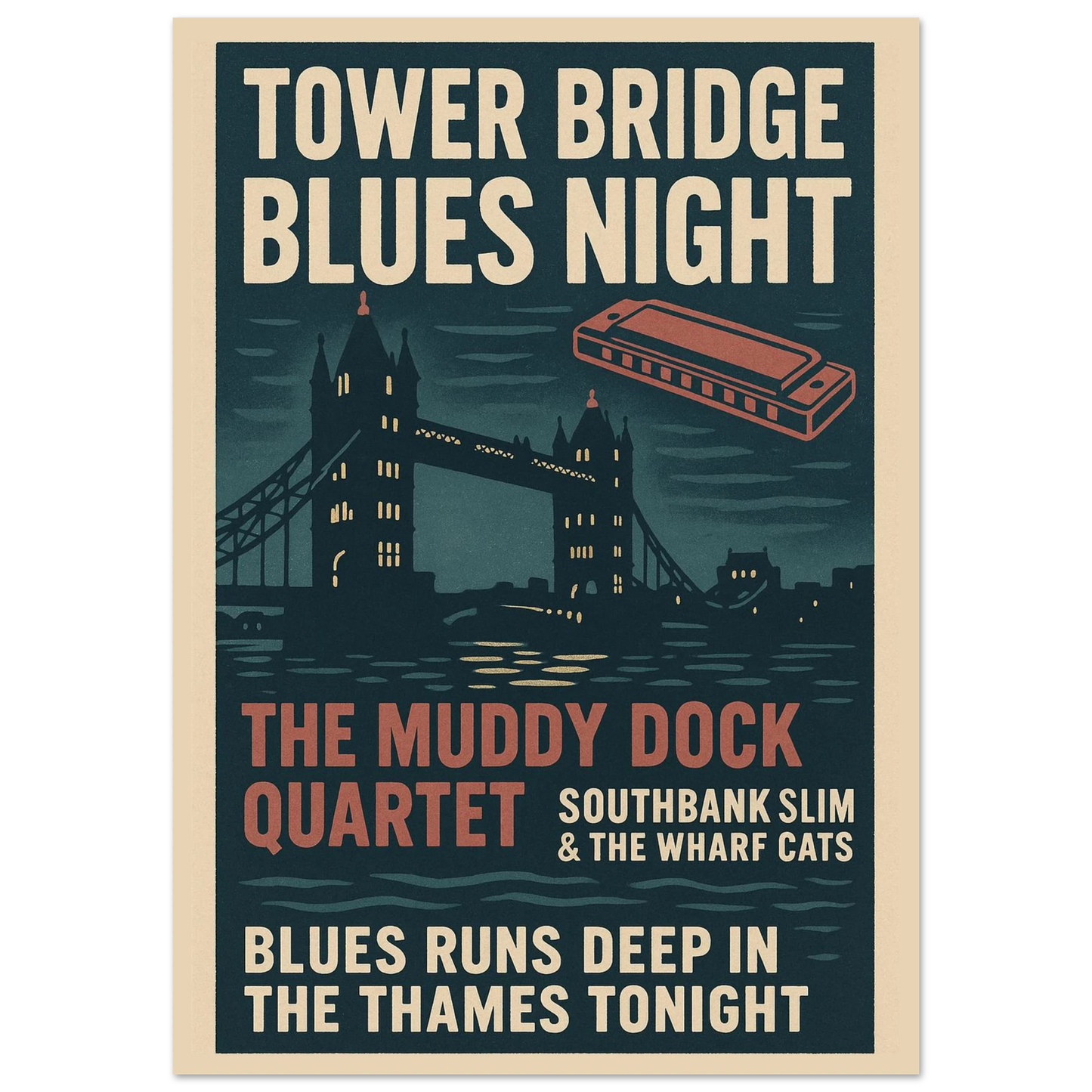 Vintage Tower Bridge Blues Night poster print – London music wall art with harmonica and retro design