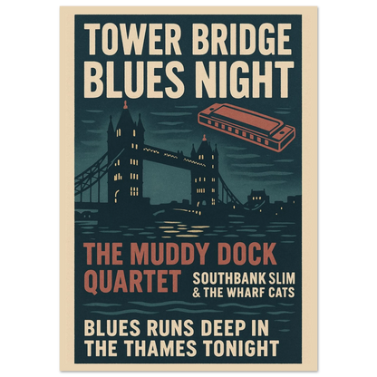 Vintage Tower Bridge Blues Night poster print – London music wall art with harmonica and retro design