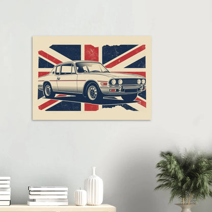 Illustrated retro Triumph Stag classic car artwork with a vintage Union Jack background.