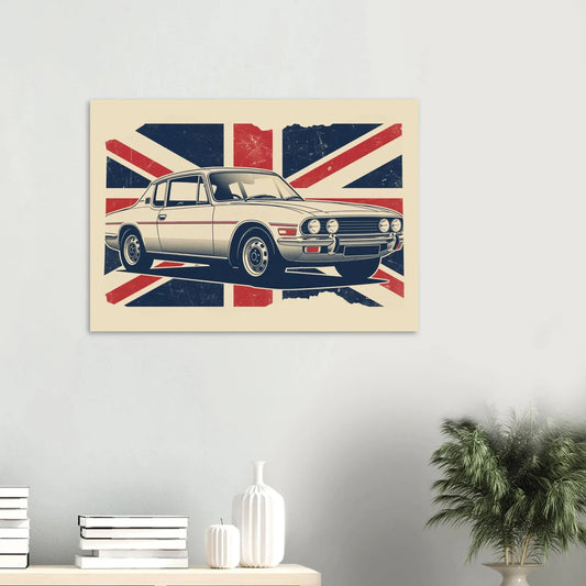 Illustrated retro Triumph Stag classic car artwork with a vintage Union Jack background.