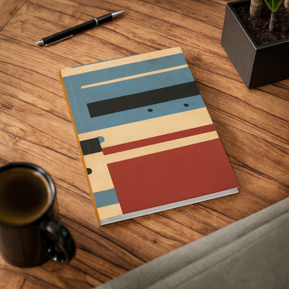 Vintage modern striped A5 lined journal with geometric red and blue block design on a wooden desk – 128 pages, 90gsm paper, vinyl-laminated cover notebook for writing and journaling.
