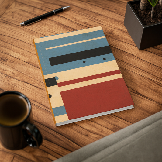 Vintage modern striped A5 lined journal with geometric red and blue block design on a wooden desk – 128 pages, 90gsm paper, vinyl-laminated cover notebook for writing and journaling.