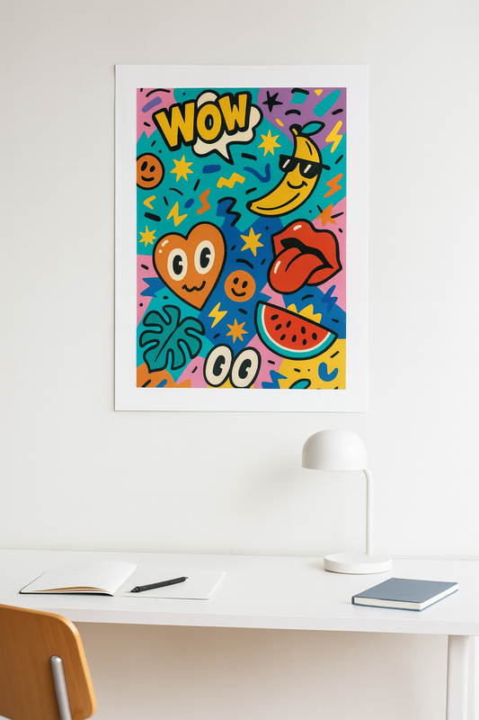 WOW Pop Art poster with cartoon heart, banana in sunglasses, red lips, watermelon, smiley faces, stars, and bold comic text – 18x24 inch fine art print with white border.